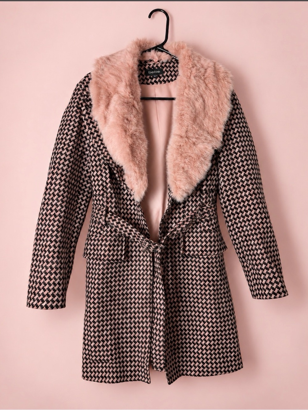 Bebe Y2K Pink Black Houndstooth Wool Rabbit Fur Coat Size S